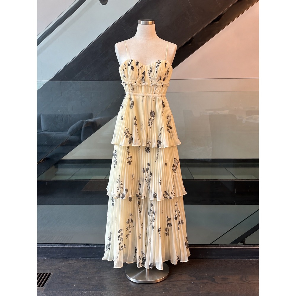 Self-Portrait Cream Yellow Floral Pleated Chiffon Tiered Maxi Dress US 6 NEW